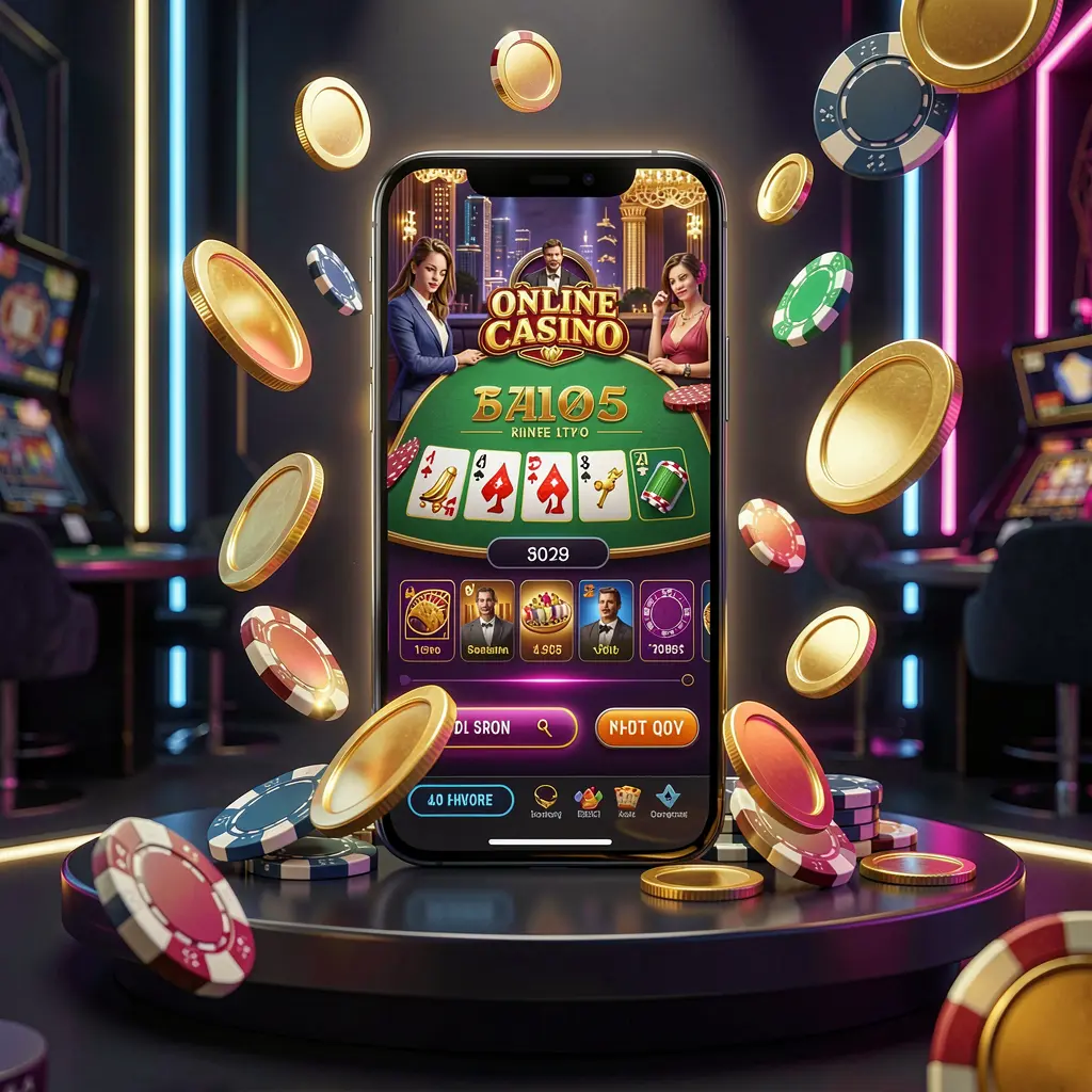 9866BET online casino mobile app hero banner featuring a modern smartphone with glowing casino interface, golden coins and poker chips flying around against a dark luxury background with neon accents