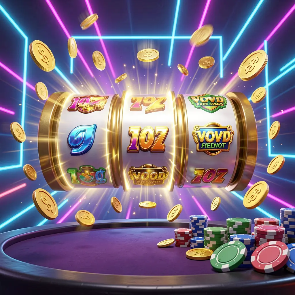 9866BET free spins bonus concept showing colorful slot machine reels spinning with golden light effects, coins flying around, jackpot symbols, and casino chips on a vibrant neon background