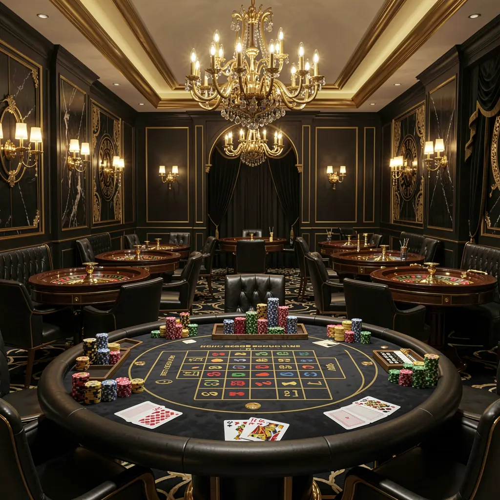 9866BET luxury online casino lobby with glowing roulette tables, golden lights, poker chips and cards in a premium black and gold design